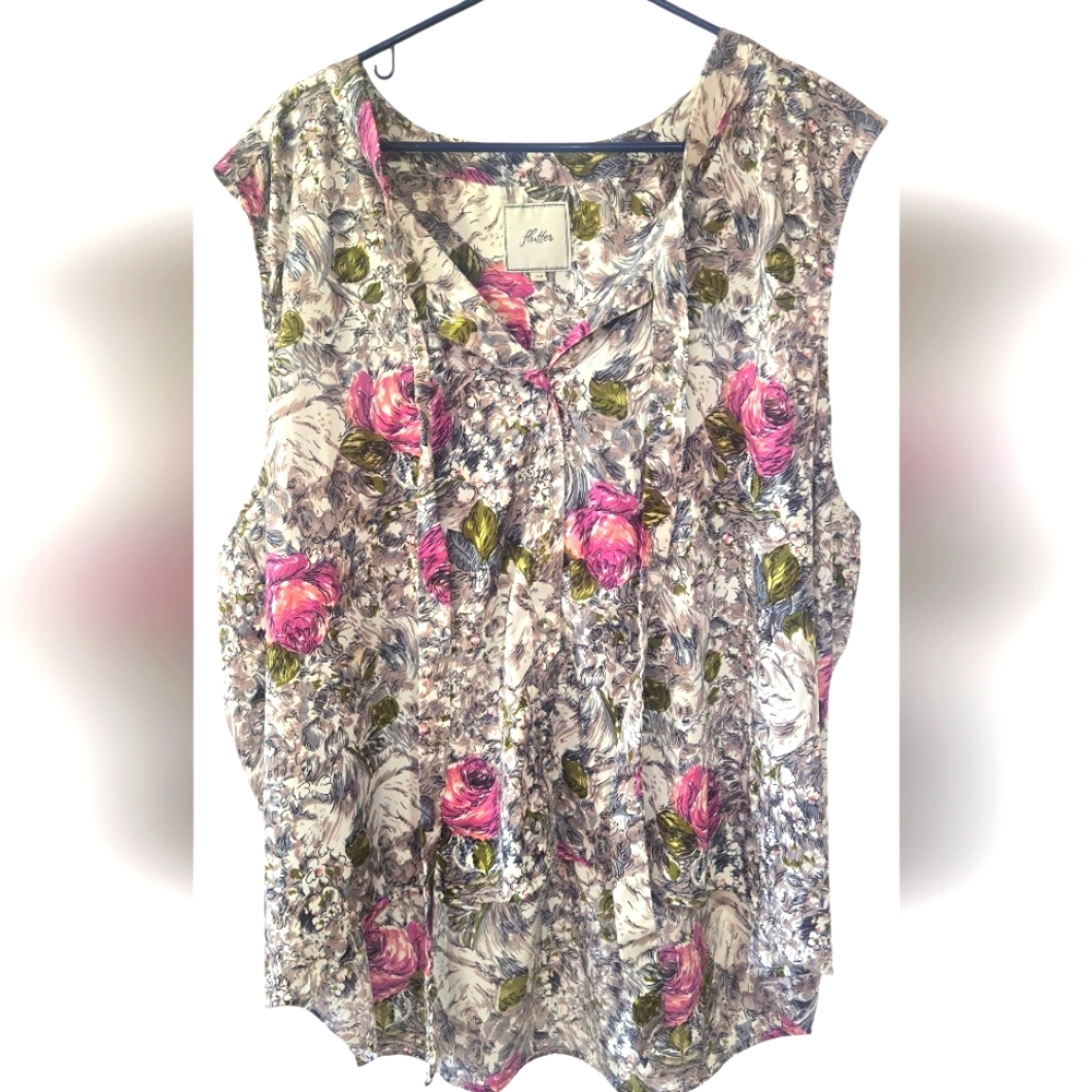 Flutter Pinks, Greens Gray Floral Sleeveless High Low Top -Size 24. Pretty!